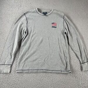 Polo Ralph Lauren Shirt Mens Large Thermal US Flag Elbow Patch Long Sleeve Gray